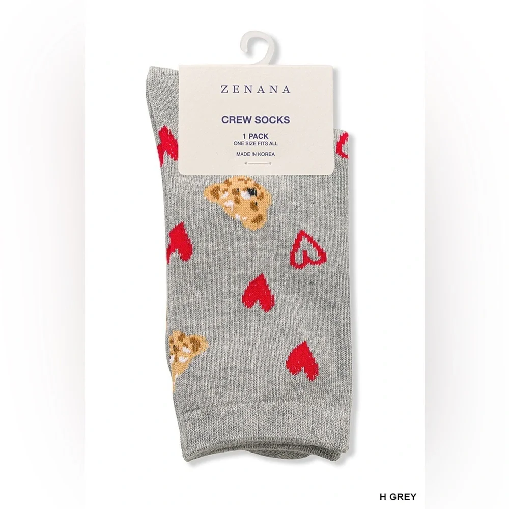 NWT Zenana Black & Grey Teddy Bear Heart Crew Socks Cozy Cute Gift One Size